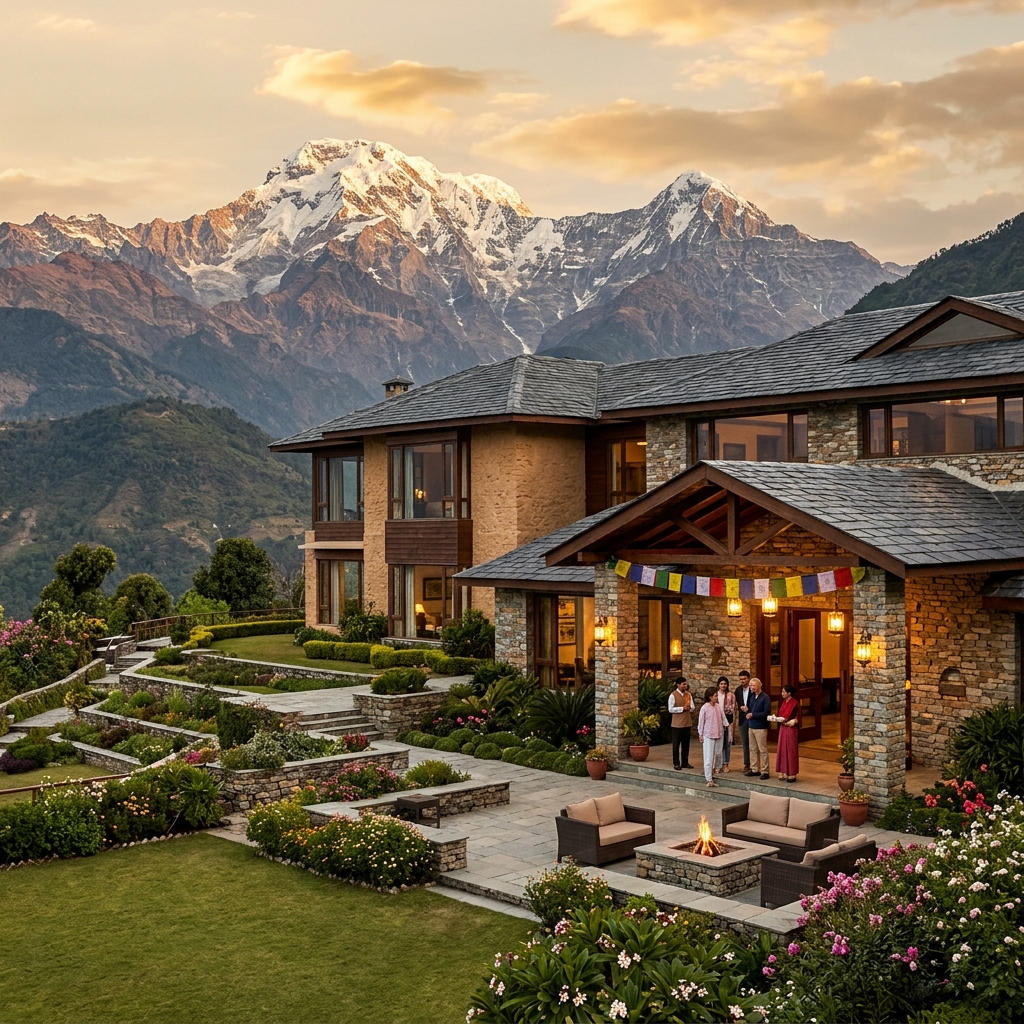 Hotel Kailasha Inn exterior with Himalayan mountain backdrop